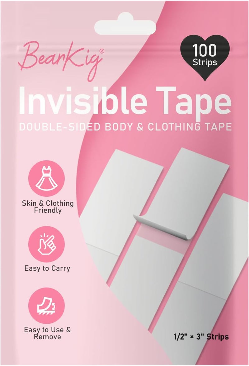 BearKig 100-Strips Double-Sided Tape for Fashion, Clothes, Fabric Tape for Women Clothing and Body, All Day Strength ,Invisible and Clear Tape for Sensitive Skins - Image 1